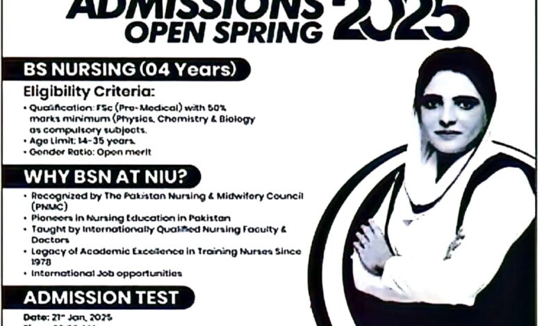 BS Nursing Spring Admission January 2025 at NIU Lahore