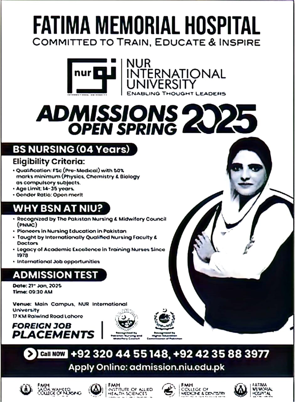 BS Nursing Spring Admission January 2025 at NIU Lahore