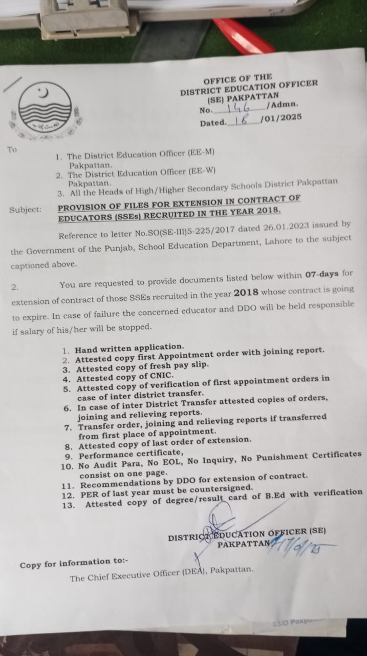 Provision of Files for Extension of Educators (SSEs) 2025