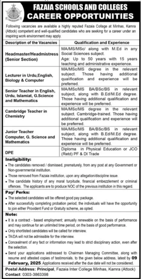 Lecturer | Teacher Jobs Announced in Kamra Fazaia Schools and Colleges 2025