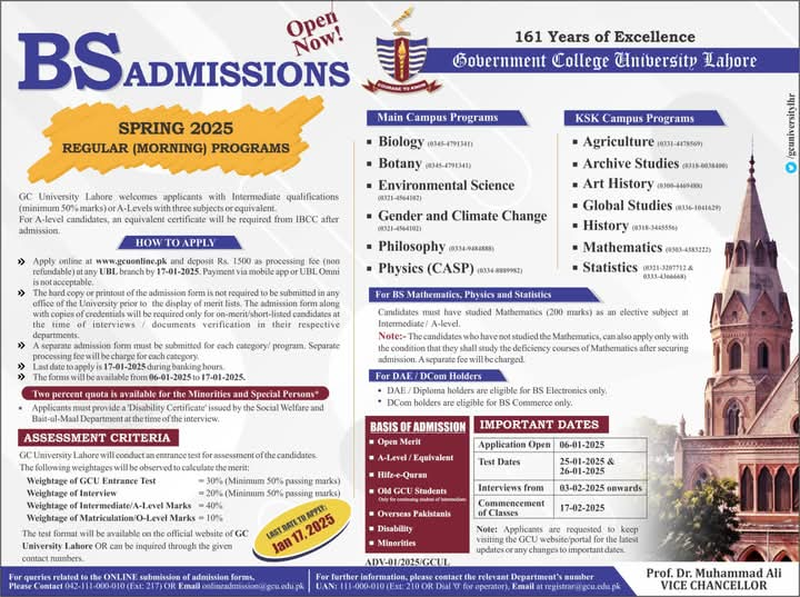 BS Admissions Open at Government College University, Lahore