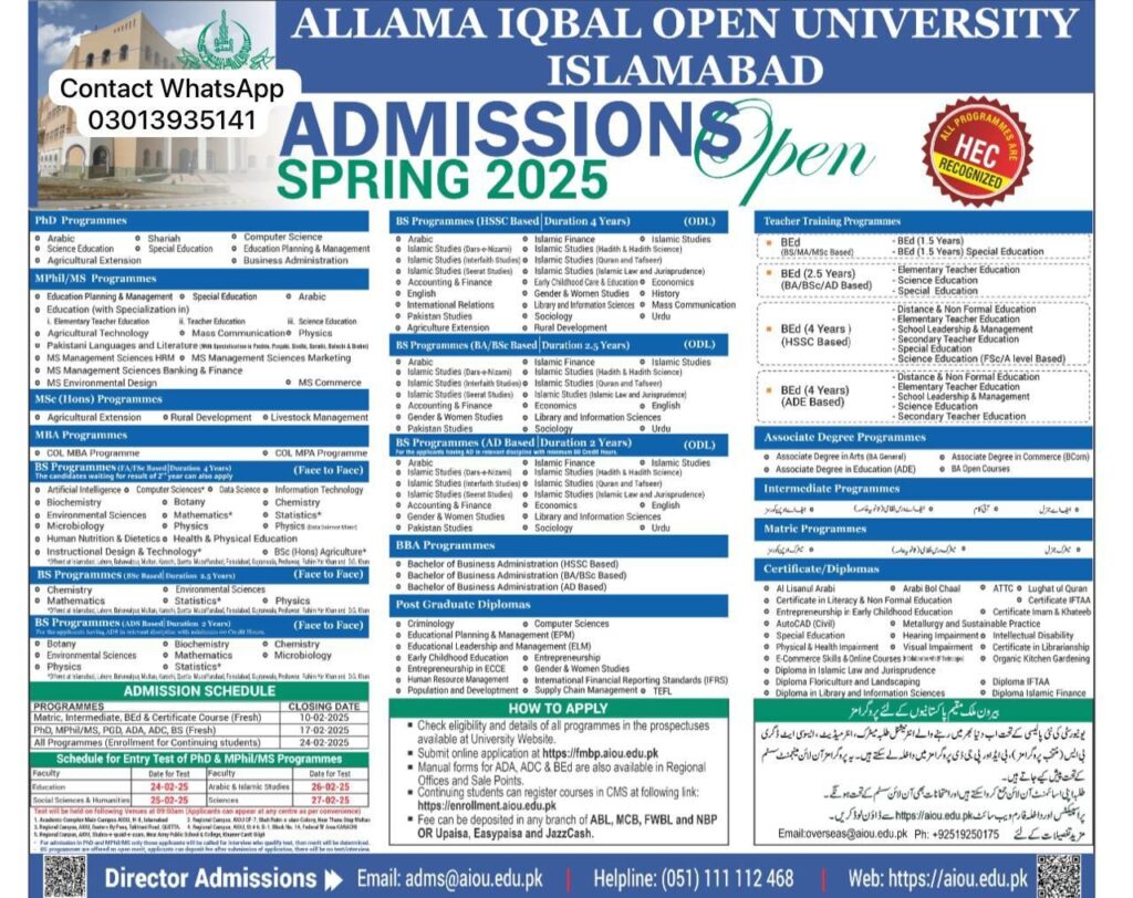 AIOU Admission Schedule for Matric Intermediate BA ADA ADS MA MSc M.Phil PhD 2025