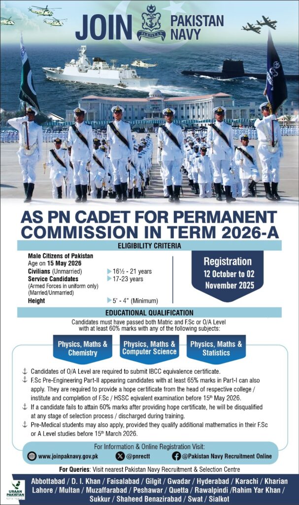 Join Pakistan Navy as PN Cadet: Permanent Commission Opportunities in Term 2026-A