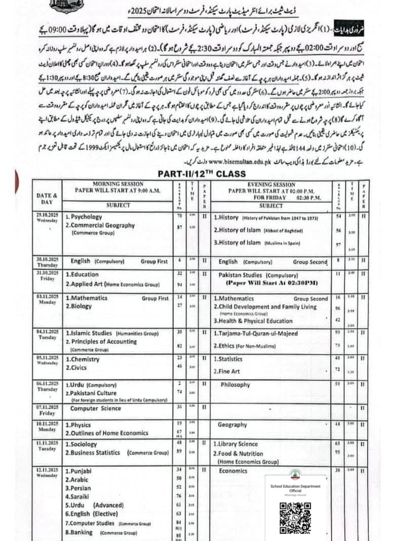 All BISE HSSC 2nd Annual Examination Date Sheet 2025: Complete Schedule for 11th and 12th Classes