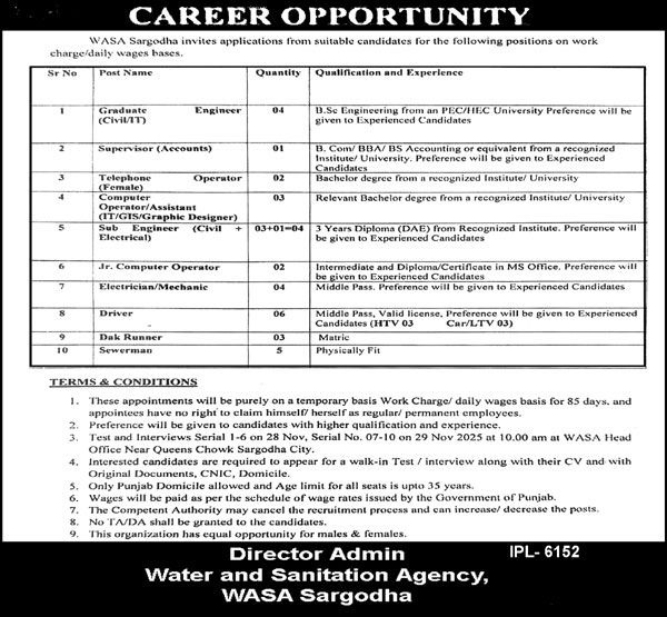 (WASA) Water And Sanitation Agency Jobs 2025 (WASA) Water And Sanitation Agency Jobs 2025