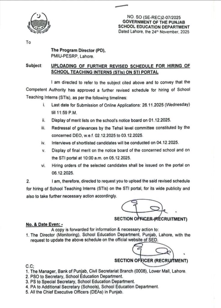 STI Jobs 2025 Punjab: Revised Schedule for 12,500 School Teaching Intern Vacancies – Apply Now Before Nov 26 Deadline