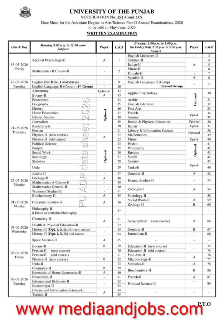 PU ADP Part 2 Date Sheet 2026 PDF Download
