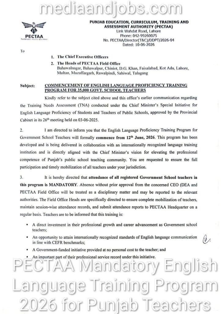 PECTAA Mandatory English Language Training Program 2026 for Punjab Teachers