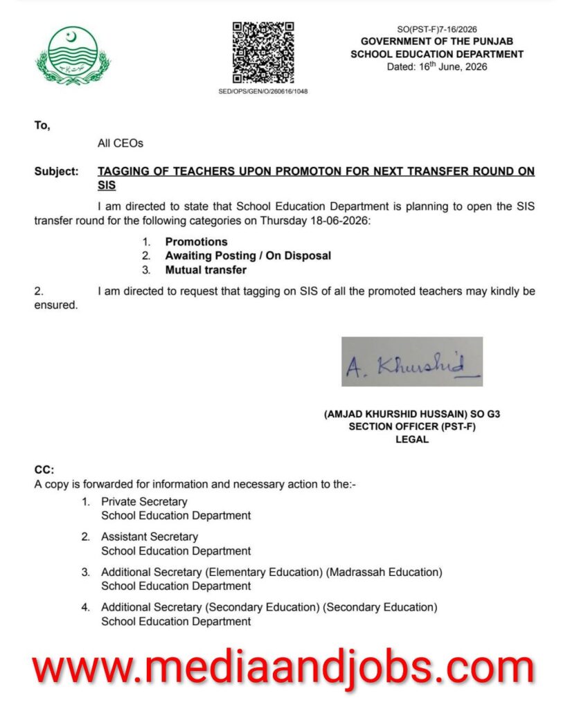 Punjab SIS Transfer Round 2026: Official Notification & Complete Tagging Guidelines for Teachers