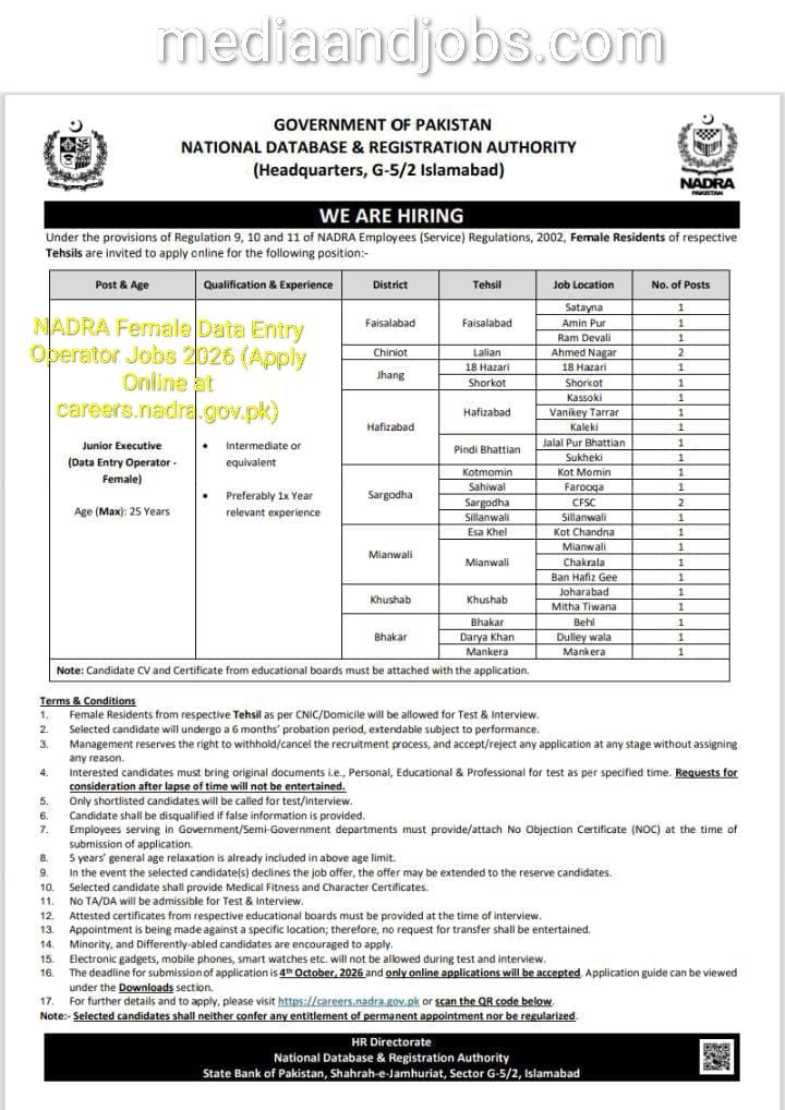 NADRA Female Data Entry Operator Jobs 2026 (Apply Online at careers.nadra.gov.pk)