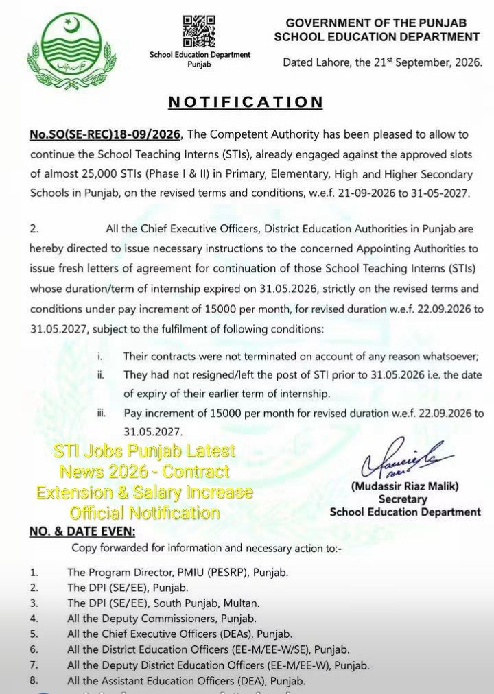 STI Jobs Punjab Latest News 2026 - Contract Extension & Salary Increase Official Notification