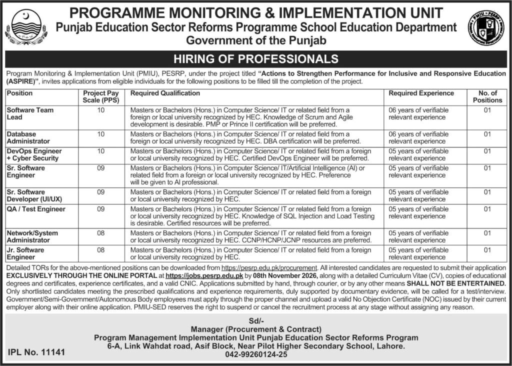 PMIU PESRP Jobs 2026 - Apply Online for IT Professionals in Punjab