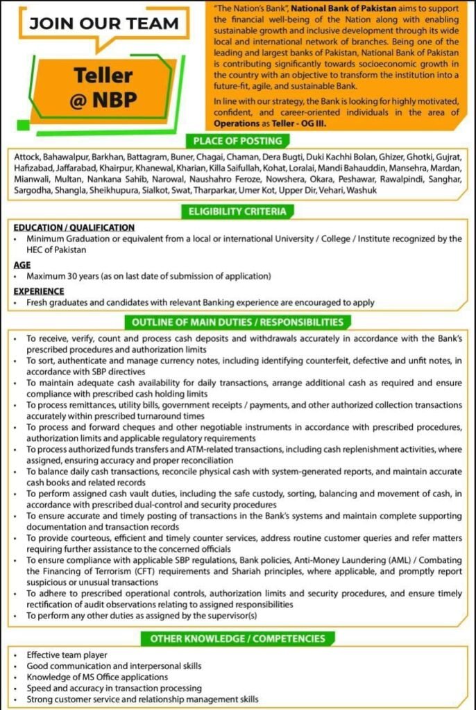 National Bank of Pakistan NBP Teller Jobs 2026 - Apply Online For OG-III Operations